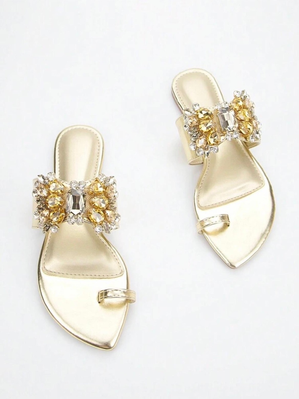 Gold Embellished Bow Toe-Ring Slide Sandals